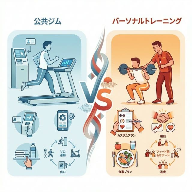 公共ジム vs パーソナルトレーニング - 結婚相談所の料金の違いをジムに例えた比較図
