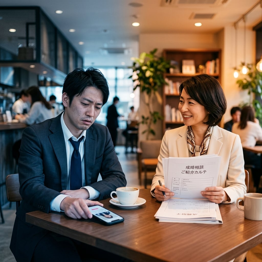 マッチングアプリに疲れた男性と結婚相談所カウンセラーのイメージ